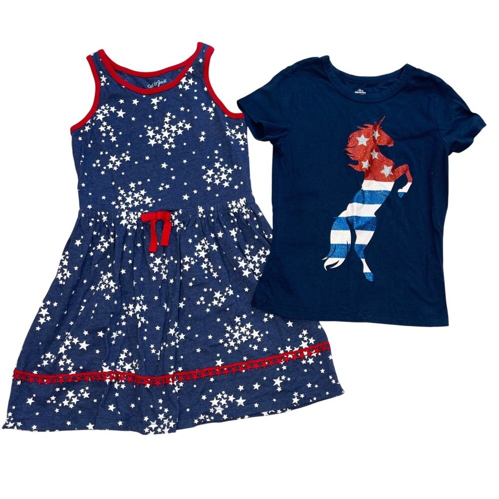Cat & Jack Patriotic Dress and Shirt Girls Size M (7/8) July 4th Bundle Red Blue